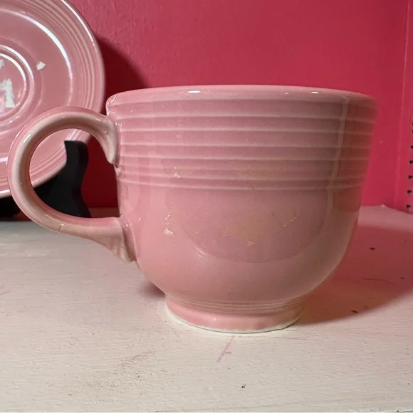 Retro Fiestaware Homer Laughlin Vintage Rose Pink Ceramic Cup and Saucer Set Fun - Picture 7 of 8